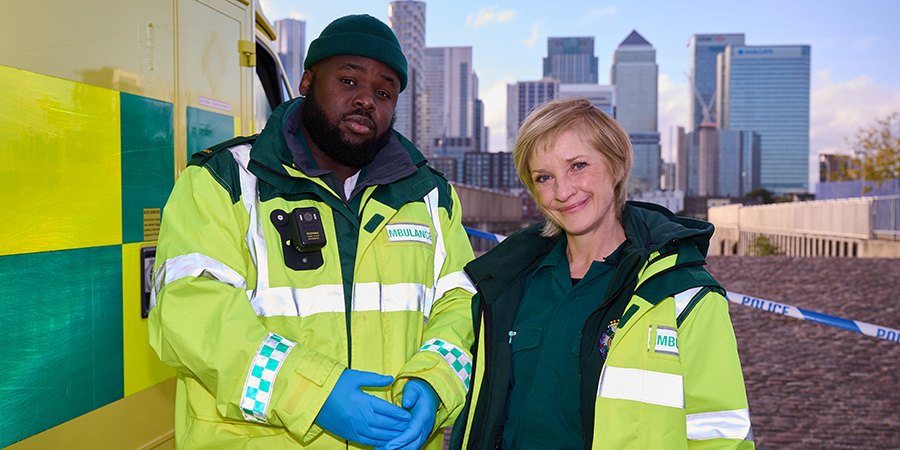 Bloods. Image shows from L to R: Maleek (Samson Kayo), Wendy (Jane Horrocks)