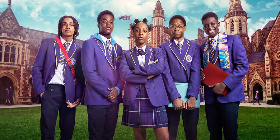 Boarders. Image shows left to right: Toby (Sekou Diaby), Jaheim (Josh Tedeku), Leah (Jodie Campbell), Omar (Myles Kamwendo), Femi (Aruna Jalloh)