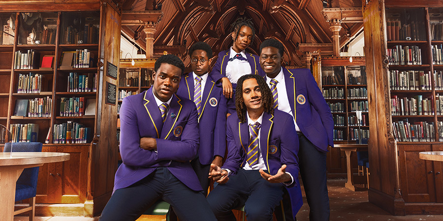 Boarders. Image shows left to right: Jaheim (Josh Tedeku), Omar (Myles Kamwendo), Leah (Jodie Campbell), Toby (Sekou Diaby), Femi (Aruna Jalloh)