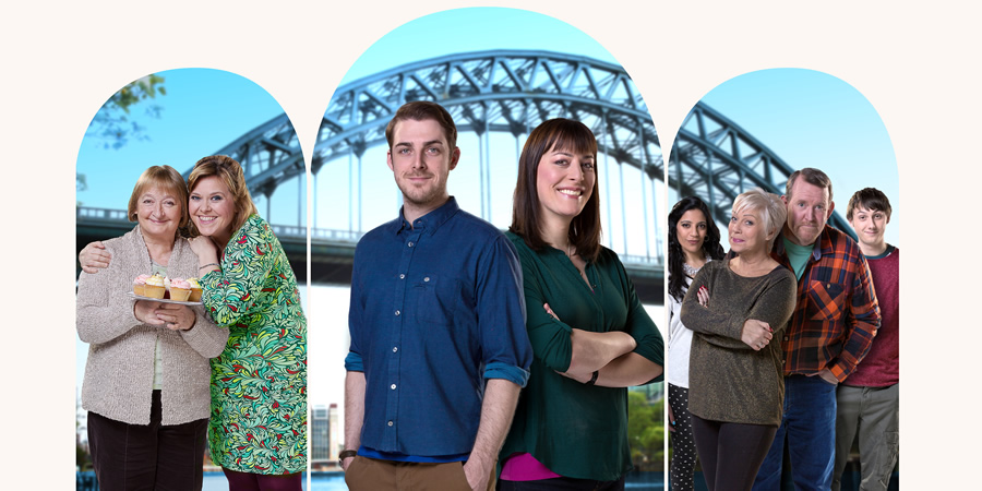 Boy Meets Girl. Image shows from L to R: Peggy (Janine Duvitski), Jackie (Lizzie Roper), Leo (Harry Hepple), Judy (Rebecca Root), Anji (Vineeta Rishi), Pam (Denise Welch), Tony (Nigel Betts), James (Jonny Dixon). Copyright: Tiger Aspect Productions