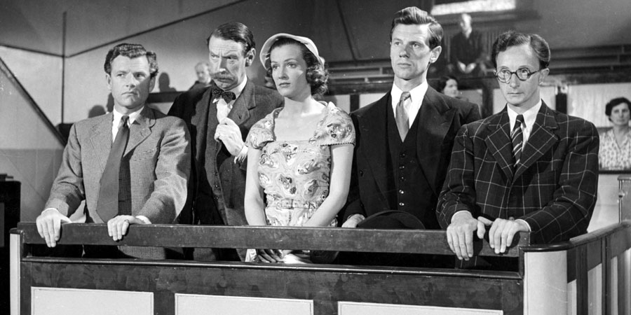 Brandy For The Parson. Image shows from L to R: Tony Rackham (Kenneth More), Redworth (Michael Trubshawe), Petronilla Brand (Jean Lodge), Bill Harper (James Donald), George Crumb (Charles Hawtrey). Copyright: Group 3 Productions
