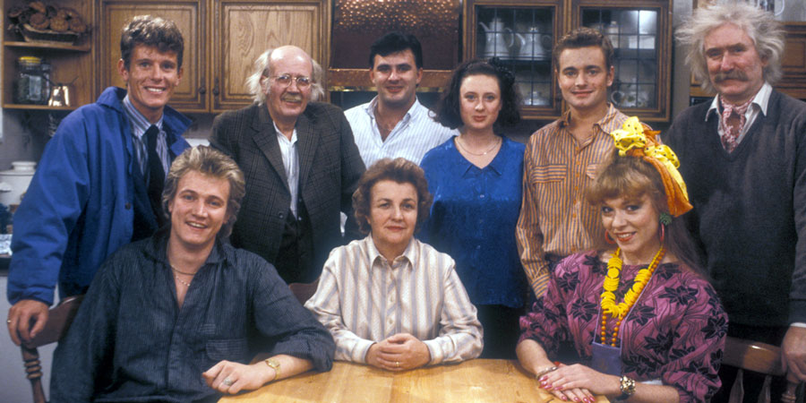 Bread. Image shows from L to R: Adrian Boswell (Jonathon Morris), Joey Boswell (Peter Howitt), Grandad (Kenneth Waller), Nellie Boswell (Jean Boht), Jack Boswell (Victor McGuire), Julie (Caroline Milmoe), Billy Boswell (Nick Conway), Aveline Boswell (Gilly Coman), Freddie Boswell (Ronald Forfar). Copyright: BBC