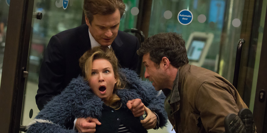Bridget Jones's Baby. Image shows from L to R: Bridget (Renée Zellweger), Mark Darcy (Colin Firth), Jack (Patrick Dempsey). Copyright: Working Title Films / Universal Pictures