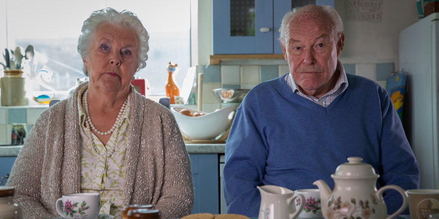 Broken Biscuits. Image shows from L to R: Pearl (Stephanie Cole), Milton (Timothy West). Copyright: Jellylegs