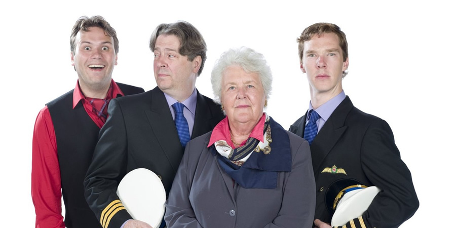Cabin Pressure. Image shows from L to R: Arthur (John Finnemore), Douglas (Roger Allam), Carolyn (Stephanie Cole), Martin (Benedict Cumberbatch). Copyright: Pozzitive Productions