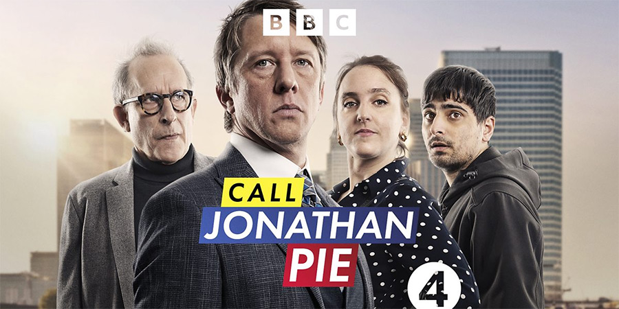 Call Jonathan Pie. Image shows left to right: Roger (Nick Revell), Jonathan Pie (Tom Walker), Jules (Lucy Pearman), Sam (Aqib Khan)