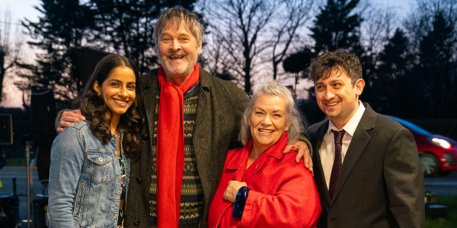 Can You Keep A Secret?. Image shows left to right: Neha (Mandip Gill), William Fenton (Mark Heap), Debbie Fenton (Dawn French), Harry (Craig Roberts)