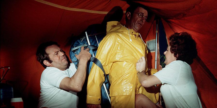 Carry On Camping. Image shows left to right: Peter Potter (Terry Scott), Charlie Muggins (Charles Hawtrey), Harriet Potter (Betty Marsden). Credit: ITV