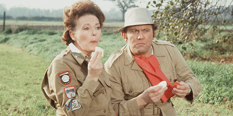 Carry On Camping. Image shows left to right: Harriet Potter (Betty Marsden), Peter Potter (Terry Scott). Credit: ITV