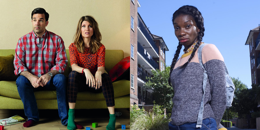 Catastrophe and Chewing Gum. Image shows from L to R: Rob (Rob Delaney), Sharon (Sharon Horgan), Tracey Gordon (Michaela Coel)