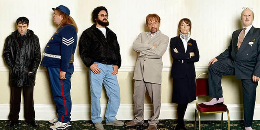 Catterick. Image shows from L to R: Tony (Reece Shearsmith), Mark (Mark Benton), Chris (Vic Reeves), Carl (Bob Mortimer), Tess (Morwenna Banks), Roy Oates (Matt Lucas)