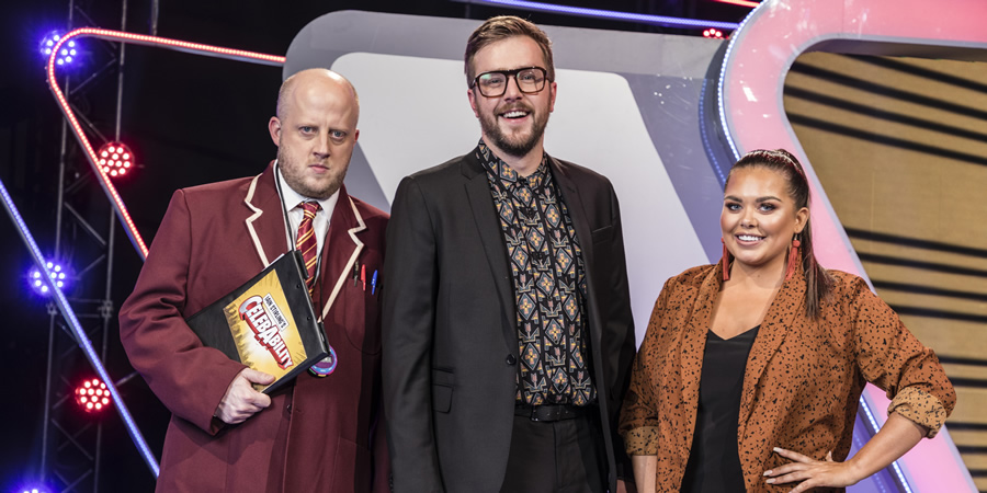 CelebAbility. Image shows from L to R: Marek Larwood, Iain Stirling, Scarlett Moffatt. Copyright: Potato