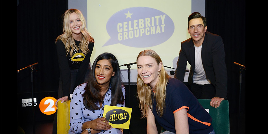 Celebrity Groupchat. Image shows from L to R: Laura Whitmore, Tina Daheley, Jodie Kidd, Russell Kane. Copyright: Lime Pictures