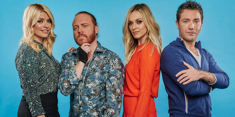 Celebrity Juice. Image shows from L to R: Holly Willoughby, Leigh Francis, Fearne Cotton, Gino D'Acampo. Copyright: Talkback