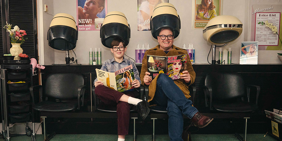 Changing Ends. Image shows left to right: Young Alan Carr (Oliver Savell), Present Day Alan (Alan Carr)