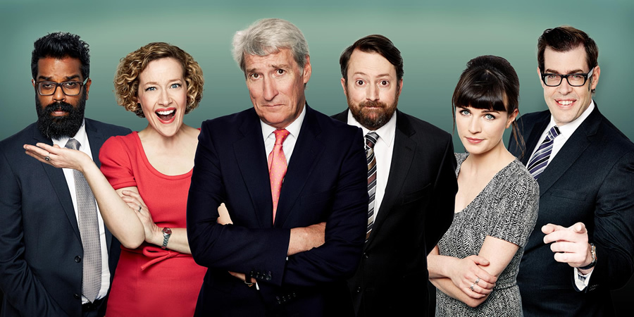 Channel 4's Alternative Election Night. Image shows from L to R: Romesh Ranganathan, Cathy Newman, Jeremy Paxman, David Mitchell, Aisling Bea, Richard Osman. Copyright: Zeppotron