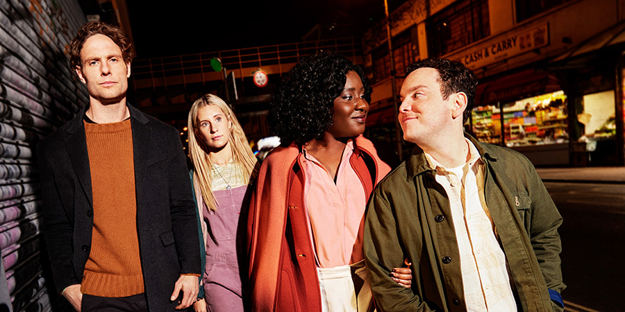 Cheaters. Image shows left to right: Zack (Jack Fox), Esther (Callie Cooke), Fola (Susan Wokoma), Josh (Joshua McGuire)