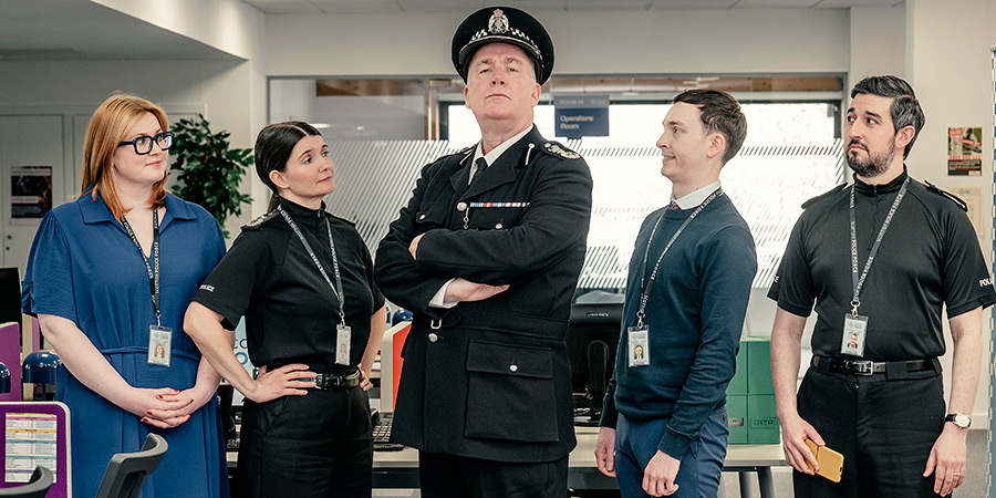 The Chief. Image shows left to right: Lyndsey McLeod (Lana Pheutan), Katriona Muldoon (Carmen Pieraccini), Cameron Miekelson (Jack Docherty), Paul Weir (Dylan Blore), Rohan Rivani (Beruce Khan)