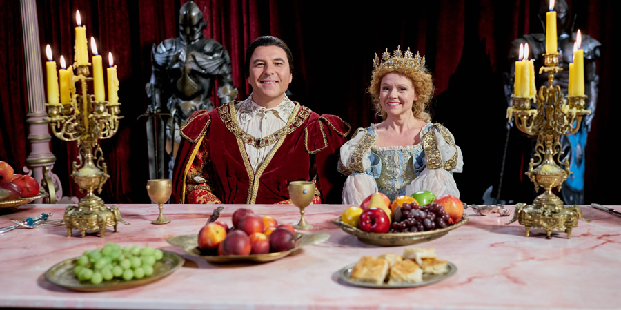 After Ever After. Image shows from L to R: Prince Charming (David Walliams), Cinderella (Sian Gibson). Copyright: King Bert Productions