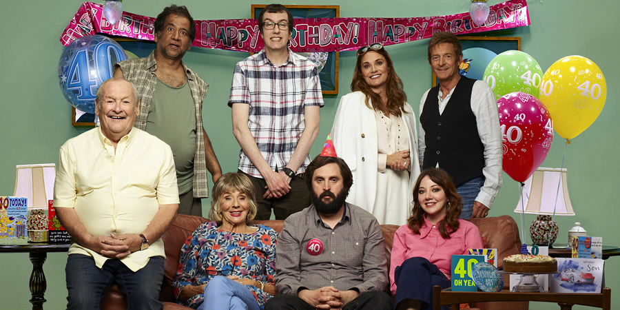 The Cockfields. Image shows from L to R: Ray (Bobby Ball), Andre (Jeff Mirza), Sue (Sue Johnston), David (Ben Rufus Green), Simon (Joe Wilkinson), Melissa (Sarah Parish), Donna (Diane Morgan), Larry (Nigel Havers)