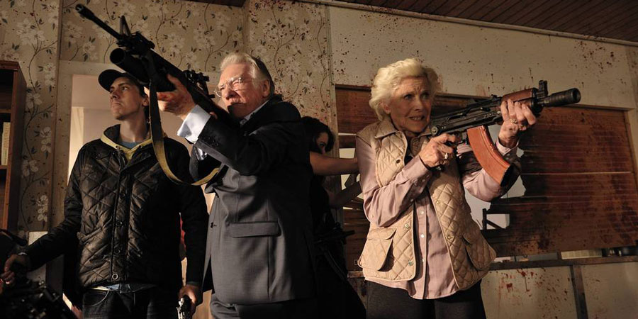 Cockneys Vs Zombies. Image shows from L to R: Terry (Rasmus Hardiker), Ray (Alan Ford), Peggy (Honor Blackman)