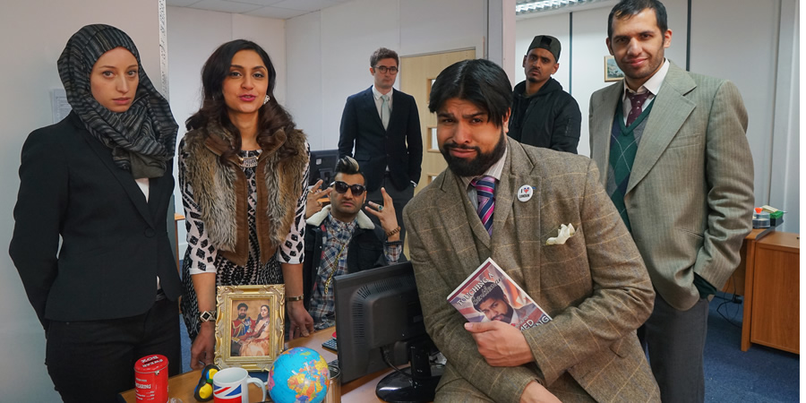 Coconut. Image shows from L to R: Halima Thomas (Harrie Hayes), Camilla Armstrong (Krupa Pattani), Tommy Khan (Peter Singh), James Perry (Ben Ashenden), Ahmed Armstrong (Humza Arshad), Abdul Dulab (Char Avell), Bilal Khan (Muj Shah). Copyright: Big Deal Films