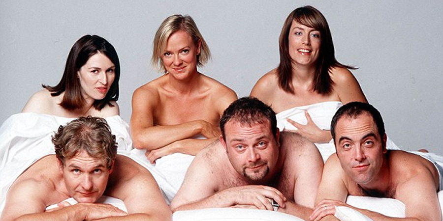 Cold Feet. Image shows from L to R: Rachel Bradley (Helen Baxendale), David Marsden (Robert Bathurst), Karen Marsden (Hermione Norris), Pete Gifford (John Thomson), Jenny Gifford (Fay Ripley), Adam Williams (James Nesbitt)