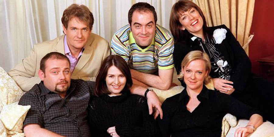 Cold Feet. Image shows from L to R: Pete Gifford (John Thomson), David Marsden (Robert Bathurst), Rachel Bradley (Helen Baxendale), Adam Williams (James Nesbitt), Karen Marsden (Hermione Norris), Jenny Gifford (Fay Ripley)