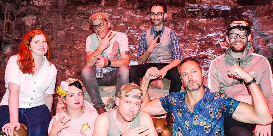 Comedian Rap Battles. Image shows from L to R: Eleanor Morton, Kirsty Morrison, Seymour Mace, Neil Bratchpiece, Will Naameh, Leo Kearse, Rob Mulholland. Copyright: BBC