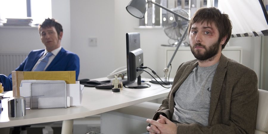 The Comedian's Guide To Survival. Image shows from L to R: Phillip (Paul Kaye), James Mullinger (James Buckley)