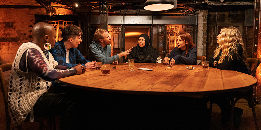 The Comedy Roast For SU2C. Image shows left to right: Thanyia Moore, Larry Dean, Bobby Mair, Fatiha El-Ghorri, Sara Barron, Harriet Kemsley