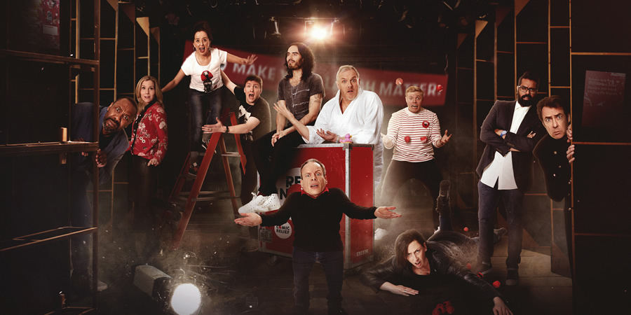 Comic Relief. Image shows from L to R: Lenny Henry, Sally Phillips, Luisa Omielan, Joe Lycett, Russell Brand, Warwick Davis, Greg Davies, Rob Beckett, Miranda Hart, Romesh Ranganathan, Jonathan Ross. Copyright: BBC