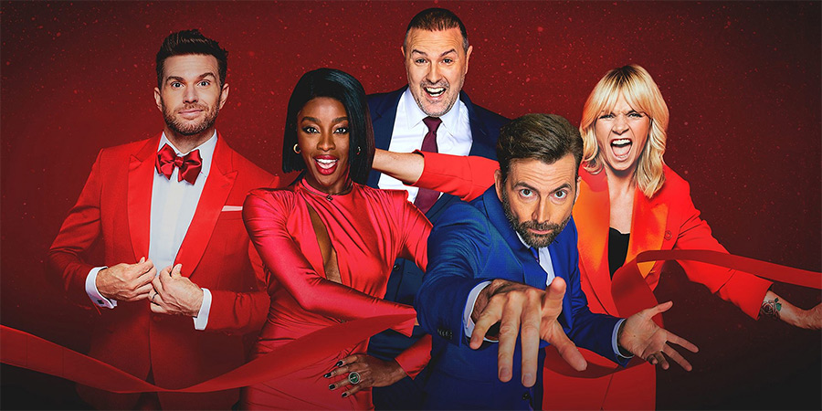 Comic Relief. Image shows left to right: Joel Dommett, AJ Odudu, Paddy McGuinness, David Tennant, Zoe Ball