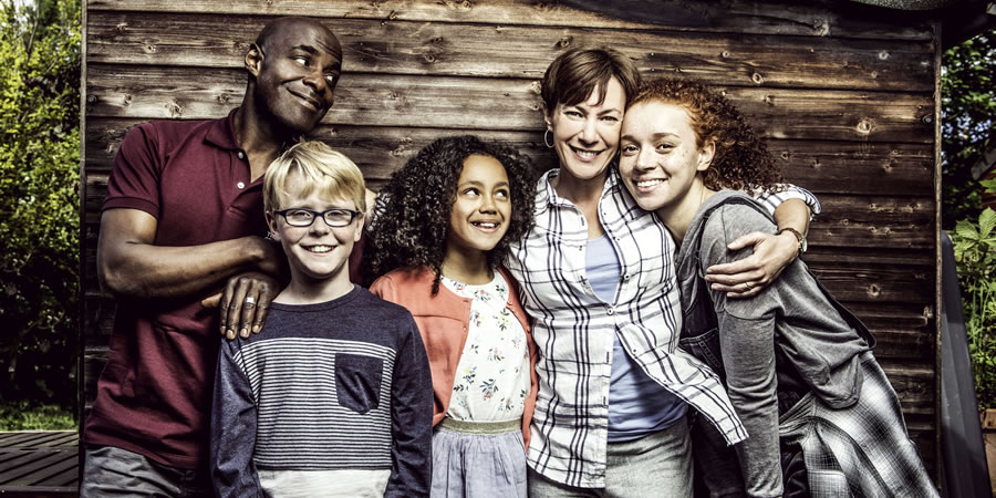 The Coopers Vs The Rest. Image shows from L to R: Toby (Paterson Joseph), Charlie (Joseph West), Alisha (India Brown), Tess (Tanya Franks), Frankie (Erin Kellyman). Copyright: BBC