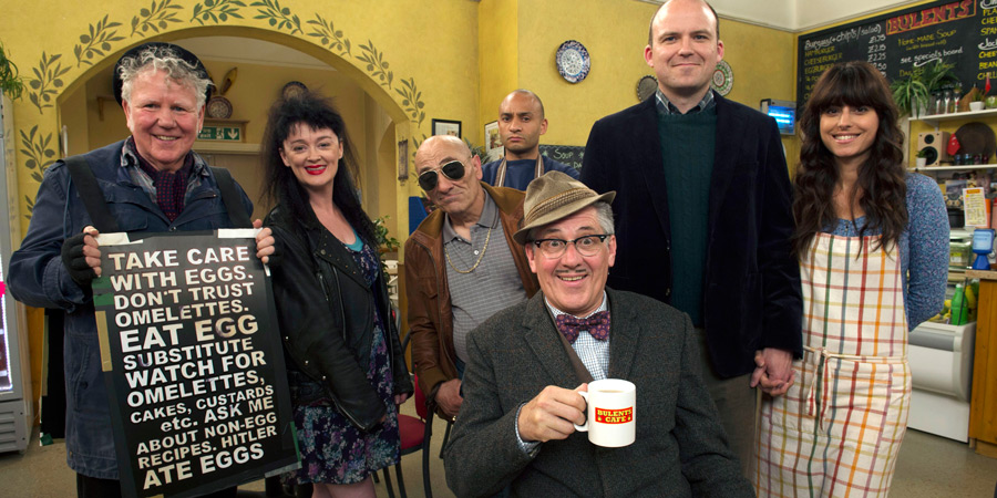 Count Arthur Strong. Image shows from L to R: Eggy (Dave Plimmer), Birdie (Bronagh Gallagher), John The Watch (Andy Linden), Bulent (Chris Ryman), Count Arthur Strong (Steve Delaney), Michael Baker (Rory Kinnear), Sinem (Zahra Ahmadi). Copyright: Retort