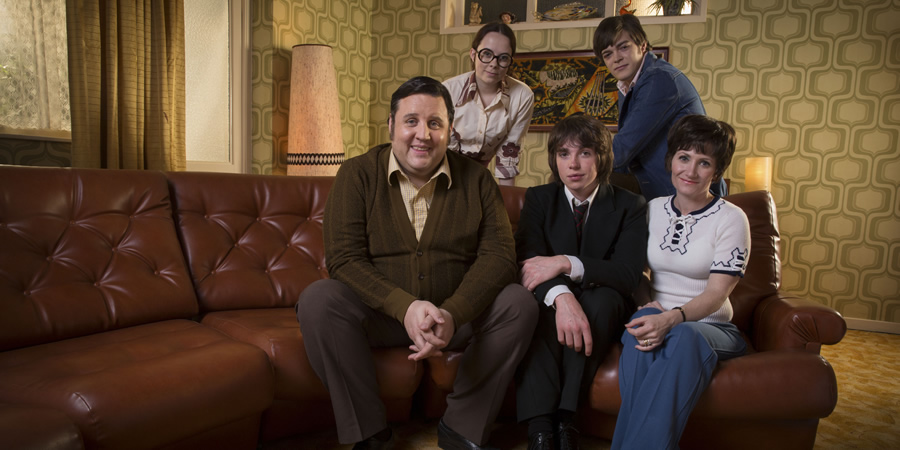 Cradle To Grave. Image shows from L to R: Fred 'Spud' Baker (Peter Kay), Sharon Baker (Alice Sykes), Danny Baker (Laurie Kynaston), Michael Baker (Frankie Wilson), Bet Baker (Lucy Speed). Copyright: ITV Studios