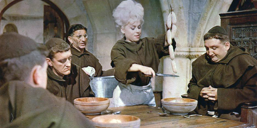 Crooks In Cloisters. Image shows from L to R: Squirts (Bernard Cribbins), Specs (Davy Kaye), Bikini (Barbara Windsor), Walter (Ronald Fraser). Copyright: Associated British Picture Corporation / STUDIOCANAL