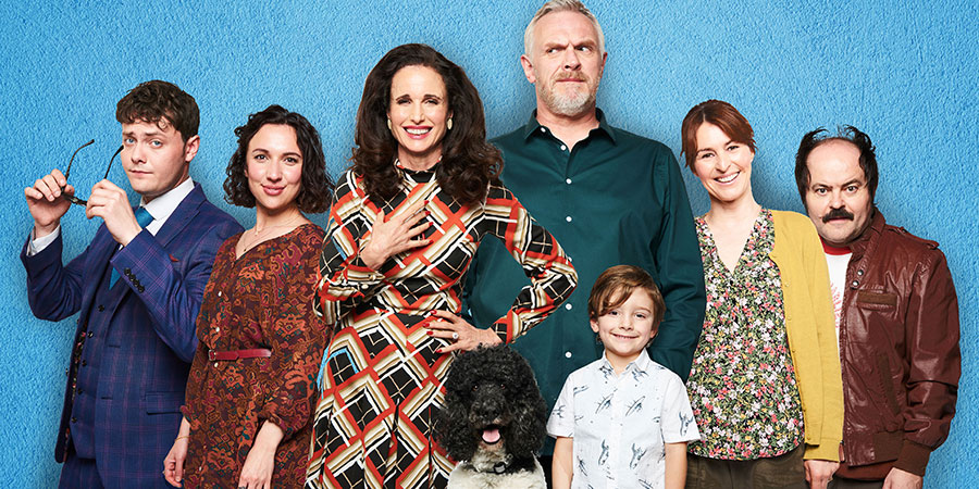 Cuckoo. Image shows from L to R: Dylan (Tyger Drew-Honey), Rachel (Esther Smith), Ivy (Andie MacDowell), Ken (Greg Davies), Lorna (Helen Baxendale), Steve (Kenneth Collard). Copyright: Roughcut Television