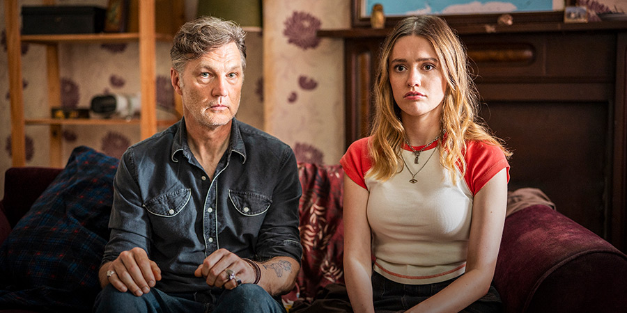 Daddy Issues. Image shows left to right: Malcolm (David Morrissey), Gemma (Aimee Lou Wood). Credit: BBC, James Stack