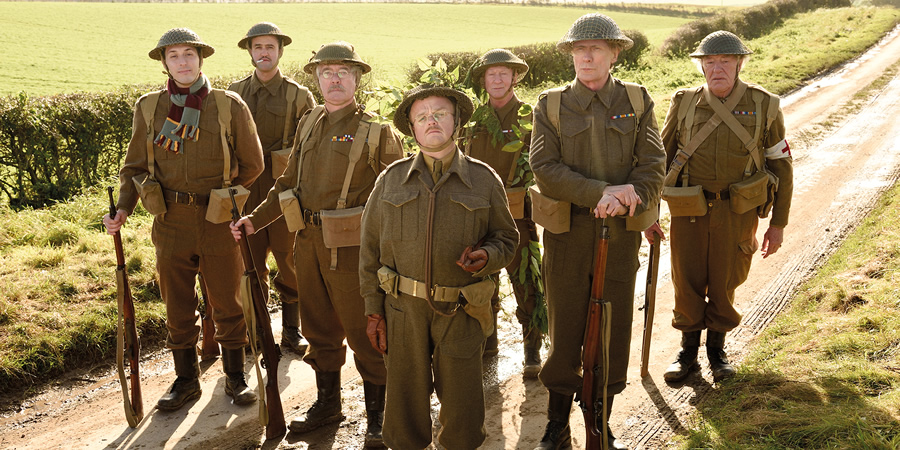 Dad's Army. Image shows from L to R: Private Frank Pike (Blake Harrison), Private Joe Walker (Daniel Mays), Corporal Jack Jones (Tom Courtenay), Captain George Mainwaring (Toby Jones), Private Frazer (Bill Paterson), Sergeant Arthur Wilson (Bill Nighy), Private Godfrey (Michael Gambon). Copyright: Universal Pictures / DJ Films