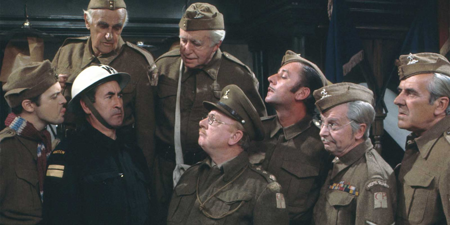 Dad's Army. Image shows from L to R: Private Pike (Ian Lavender), Chief A.R.P. Warden Hodges (Bill Pertwee), Private Frazer (John Laurie), Private Godfrey (Arnold Ridley), Captain Mainwaring (Arthur Lowe), Private Walker (James Beck), Lance Corporal Jones (Clive Dunn), Sergeant Wilson (John Le Mesurier). Copyright: BBC