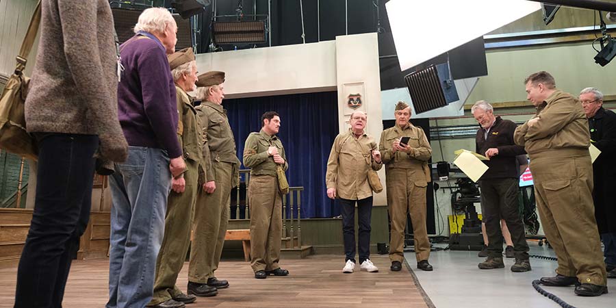 Dad's Army - The Lost Episodes. Image shows from L to R: Private Pike (Tom Rosenthal), Private Godfrey (Timothy West), Private Frazer (David Hayman), Lance Corporal Jones (Kevin Eldon), Private Walker (Mathew Horne), Captain Mainwaring (Kevin McNally), Sergeant Wilson (Robert Bathurst). Copyright: UKTV