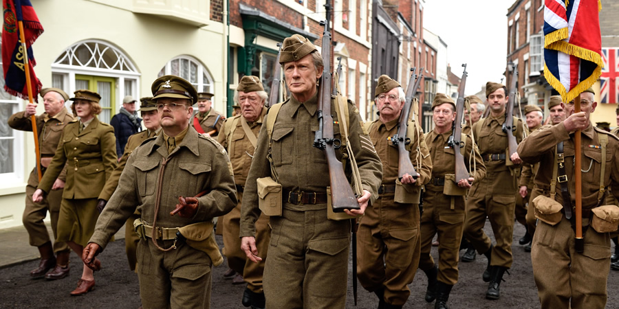 Dad's Army. Image shows from L to R: Captain George Mainwaring (Toby Jones), Sergeant Arthur Wilson (Bill Nighy), Corporal Jack Jones (Tom Courtenay), Private Frazer (Bill Paterson), Private Joe Walker (Daniel Mays). Copyright: Universal Pictures / DJ Films