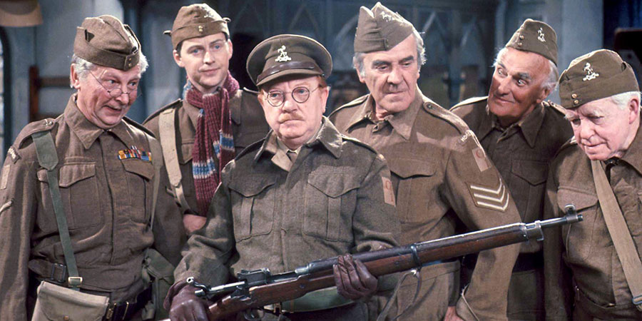 Dad's Army. Image shows from L to R: Lance Corporal Jones (Clive Dunn), Private Pike (Ian Lavender), Captain Mainwaring (Arthur Lowe), Sergeant Wilson (John Le Mesurier), Private Frazer (John Laurie), Private Godfrey (Arnold Ridley). Copyright: BBC