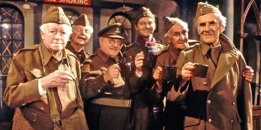 Dad's Army. Image shows from L to R: Private Godfrey (Arnold Ridley), Lance Corporal Jones (Clive Dunn), Captain Mainwaring (Arthur Lowe), Private Pike (Ian Lavender), Private Frazer (John Laurie), Sergeant Wilson (John Le Mesurier). Copyright: BBC