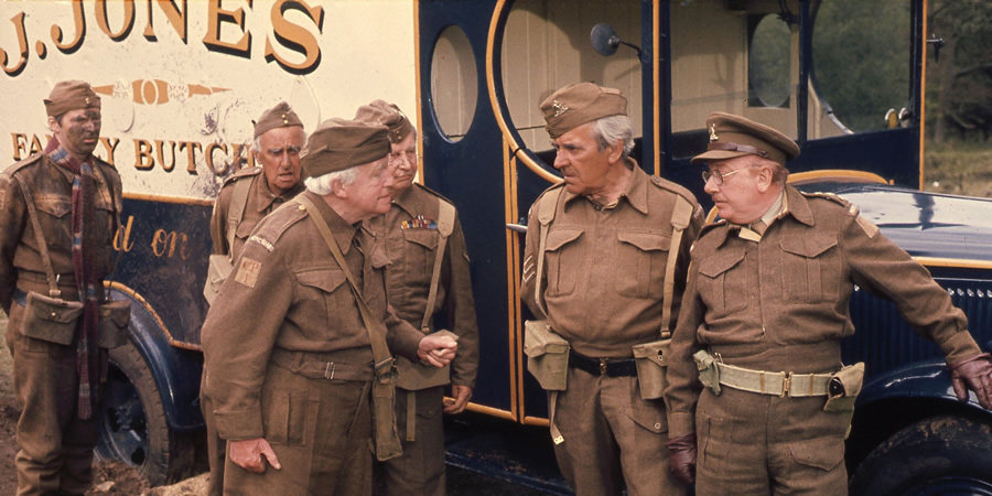 Dad's Army. Image shows from L to R: Private Pike (Ian Lavender), Private Frazer (John Laurie), Private Godfrey (Arnold Ridley), Lance Corporal Jones (Clive Dunn), Sergeant Wilson (John Le Mesurier), Captain Mainwaring (Arthur Lowe). Copyright: BBC