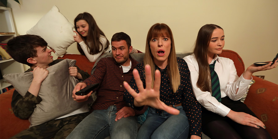 The Daly Grind. Image shows from L to R: Liam (Cameron Wilkie), Lucy (Bea Tena-Hutchinson), Joe (Jordan Young), Tracey (Scarlett Mack), Katlyn (Rachel Doherty). Copyright: BBC