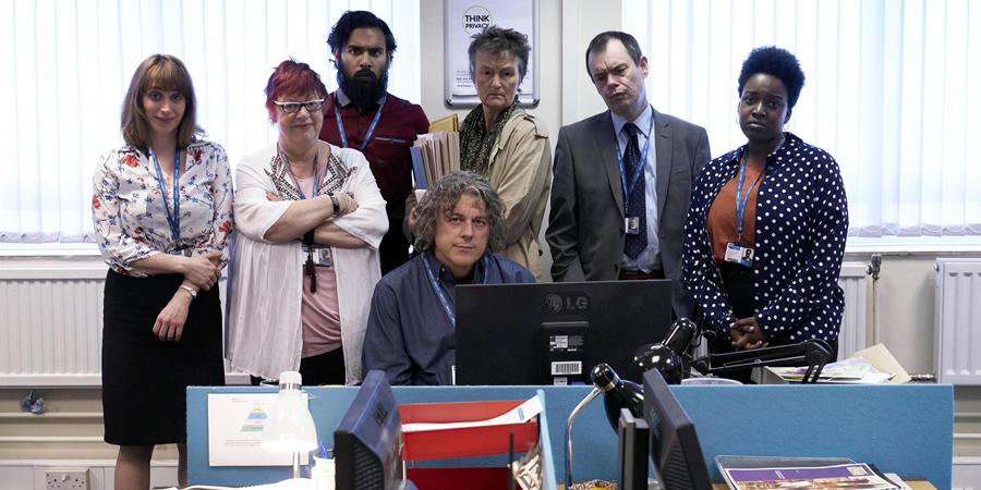 Damned. Image shows from L to R: Natalie Moore (Isy Suttie), Rose Denby (Jo Brand), Nitin (Himesh Patel), Al Kavanagh (Alan Davies), Denise Donnelly (Georgie Glen), Martin Bickerstaff (Kevin Eldon). Copyright: What Larks Productions