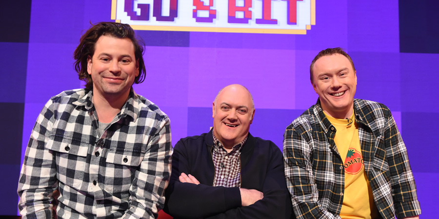 Dara O Briain's Go 8 Bit. Image shows from L to R: Sam Pamphilon, Dara O Briain, Steve McNeil. Copyright: DLT Entertainment Ltd.