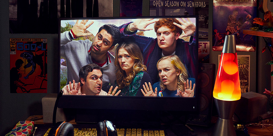 Dead Pixels. Image shows from L to R: Usman (Sargon Yelda), Russell (David Mumeni), Alison (Charlotte Ritchie), Nicholas 'Nicky' Kettle (Will Merrick), Megan 'Meg' Jefferies (Alexa Davies)